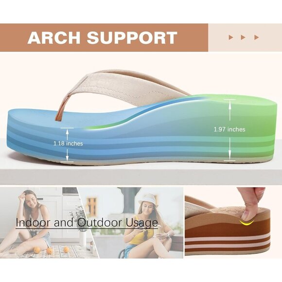 🆕 Women’s Beige Platform Flip Flops Summer Sandals Arch Support Vegan Leather - Picture 5 of 7